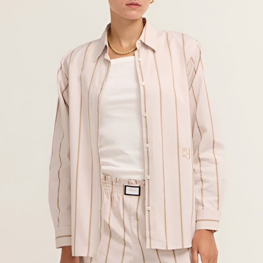 Yaitte Buoy Shirt in Tofu and Sand Striped Long Sleeve Button Up Size M NWT